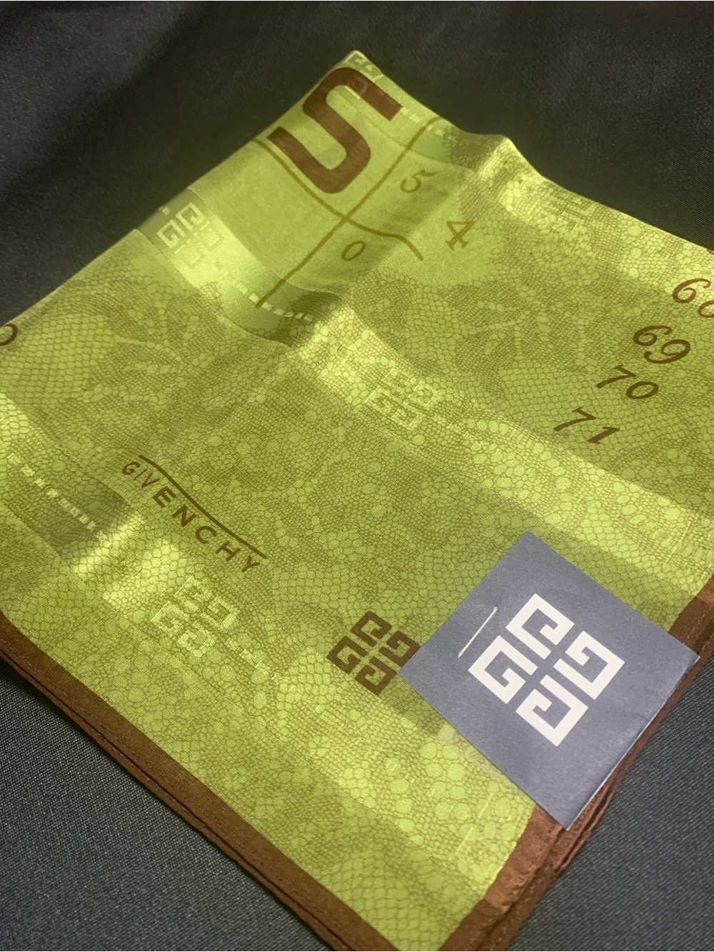 Givenchy Lime Green and Brown Logo Silk Scarf